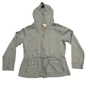 Saint Tropez West gray linen hooded utility jacket with a drawstring waist